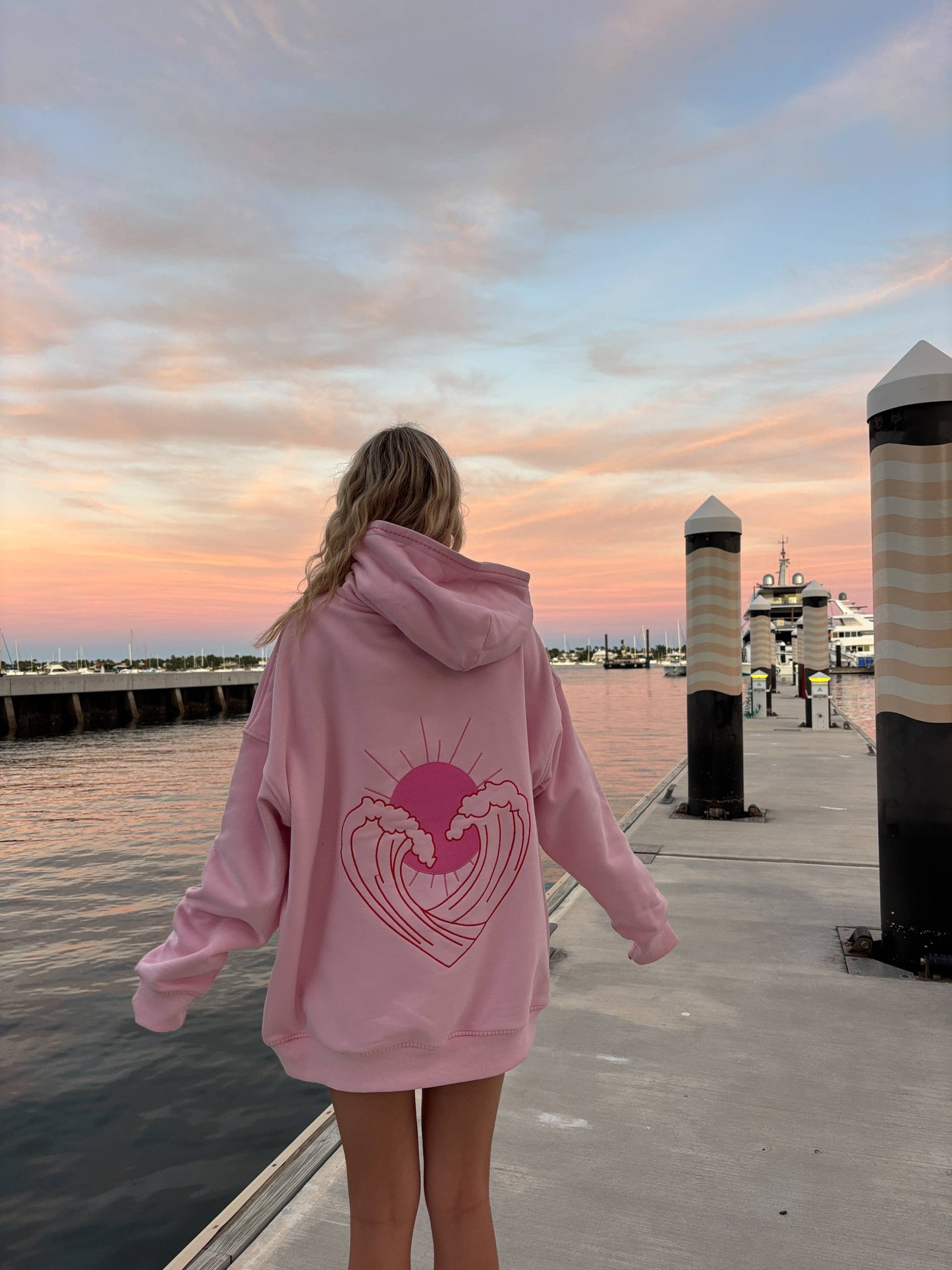 Pink Ocean Heart Stitched Hoodie - 100% Cotton
