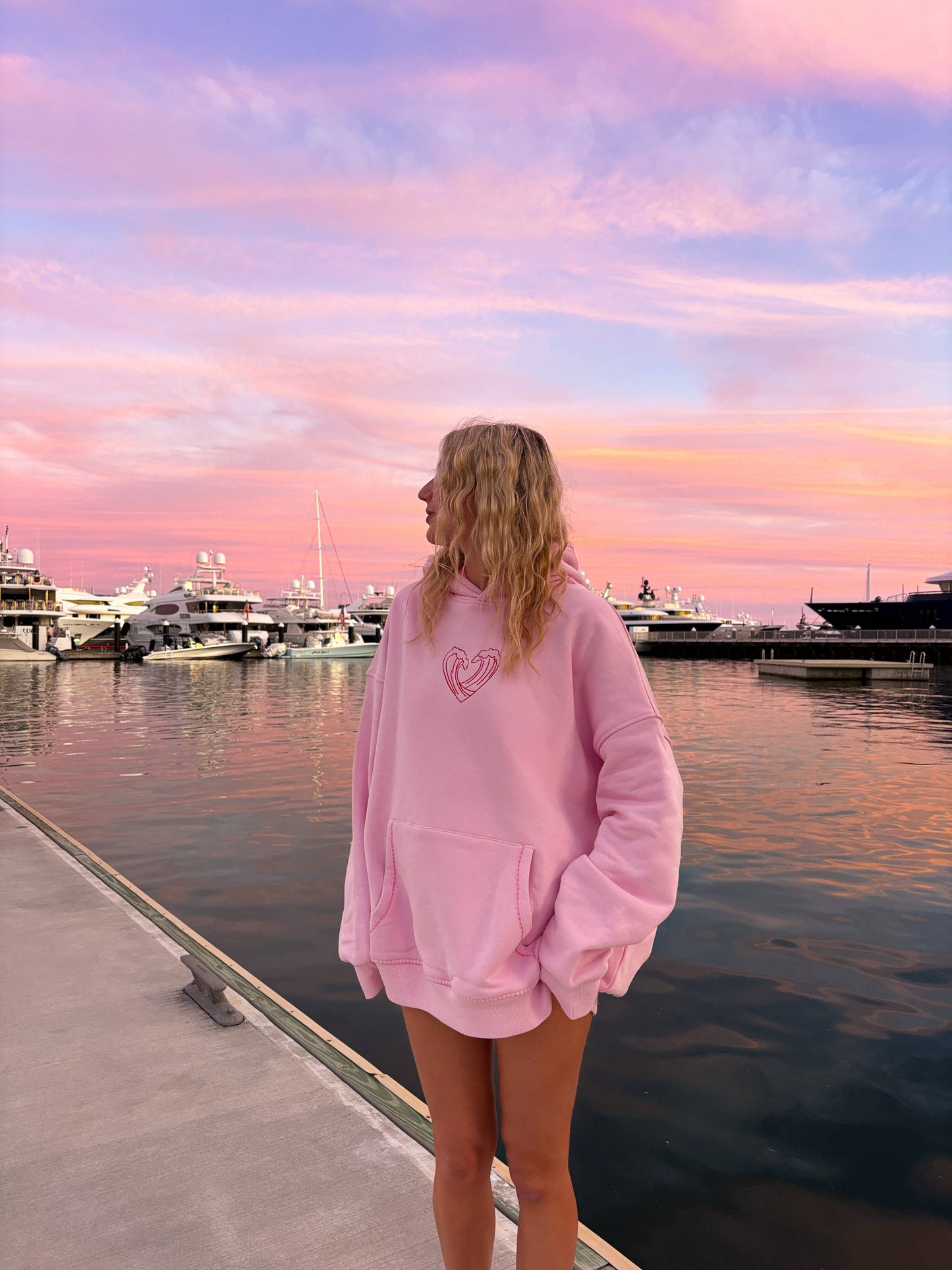 Pink Ocean Heart Stitched Hoodie - 100% Cotton