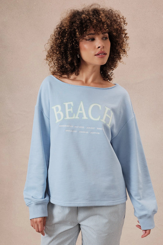 Slouchy Neck "Beach" Graphic Embroidery Sweatshirt