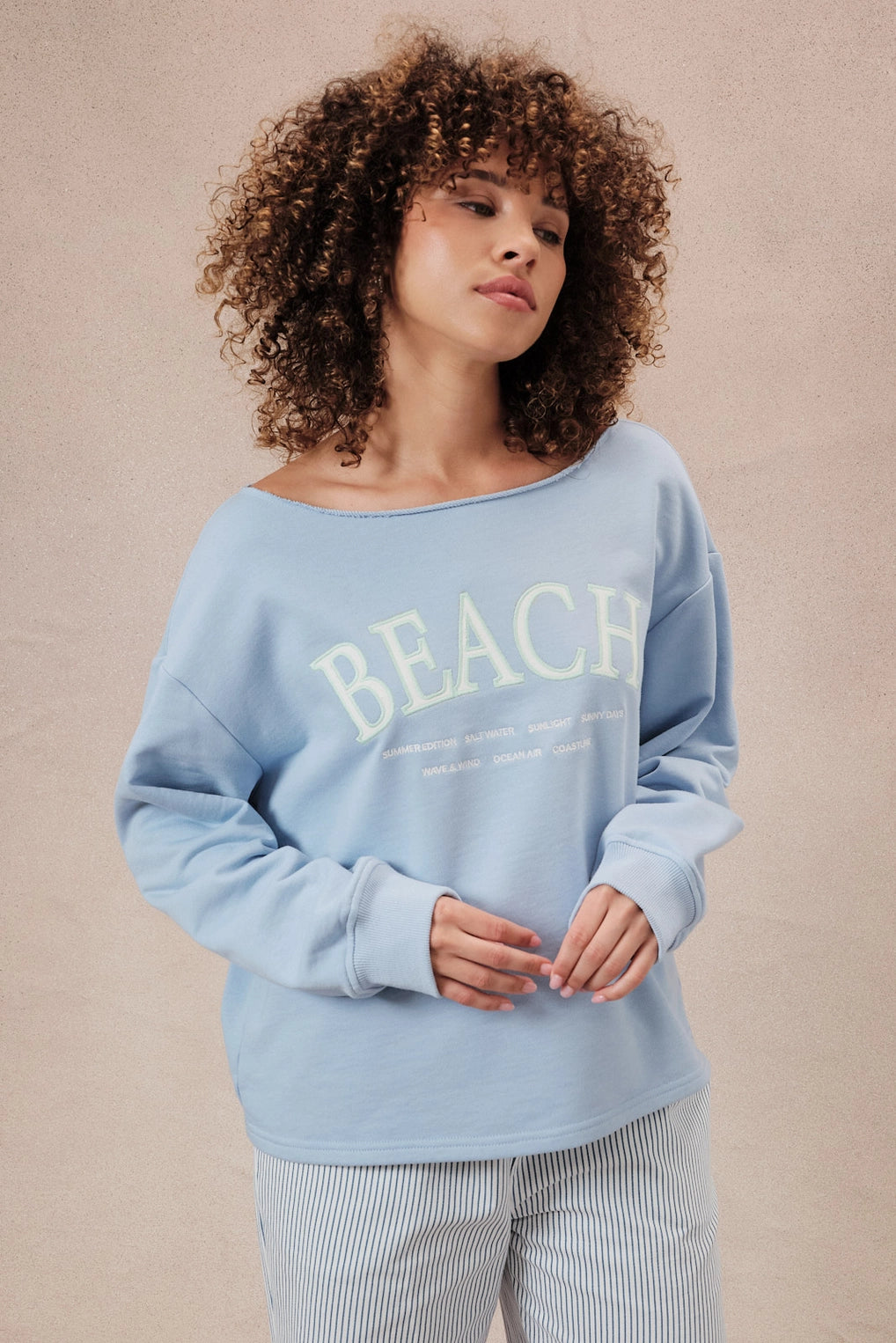 Slouchy Neck "Beach" Graphic Embroidery Sweatshirt