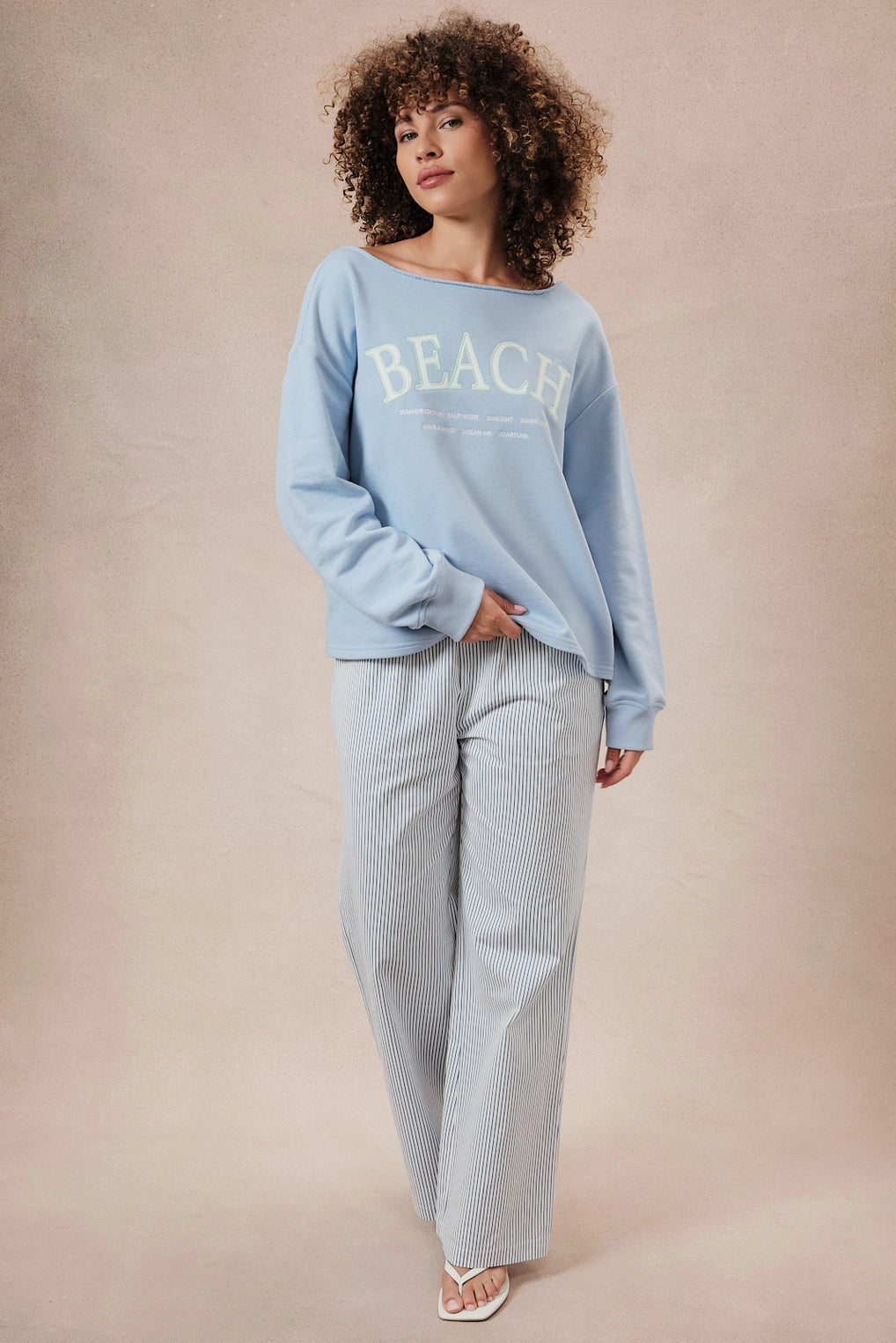 Slouchy Neck "Beach" Graphic Embroidery Sweatshirt