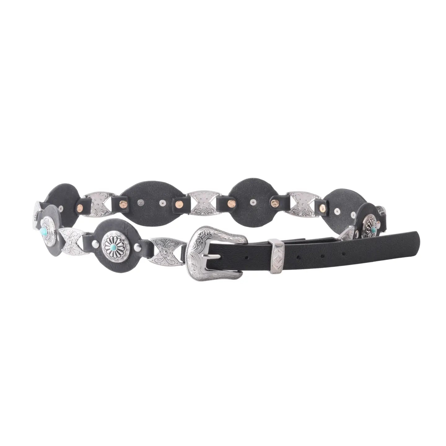 Silver Concho Leather Belt with Western Buckle - Black