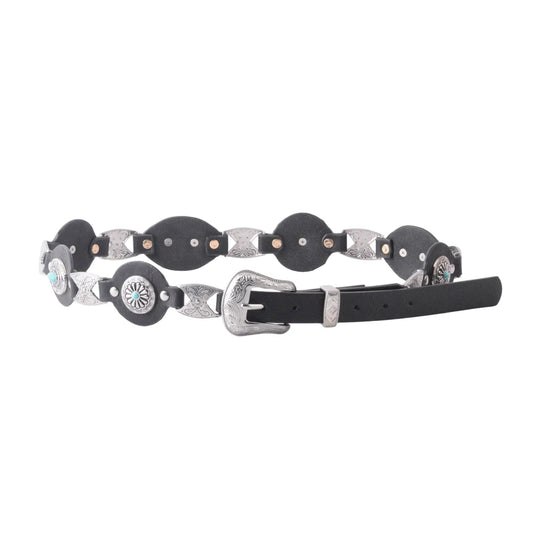 Silver Concho Leather Belt with Western Buckle - Black