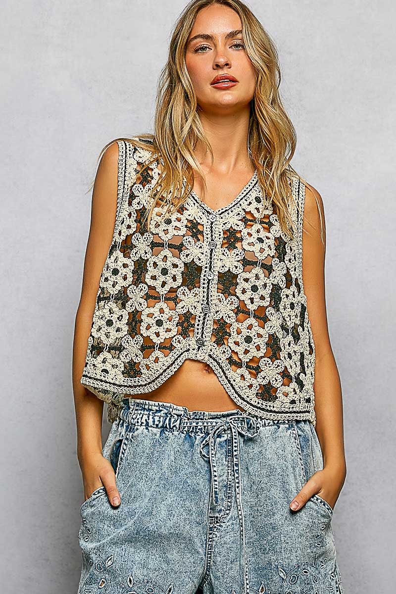 Decorative Touch Button Front V-Neck Floral Crochet Vest Top