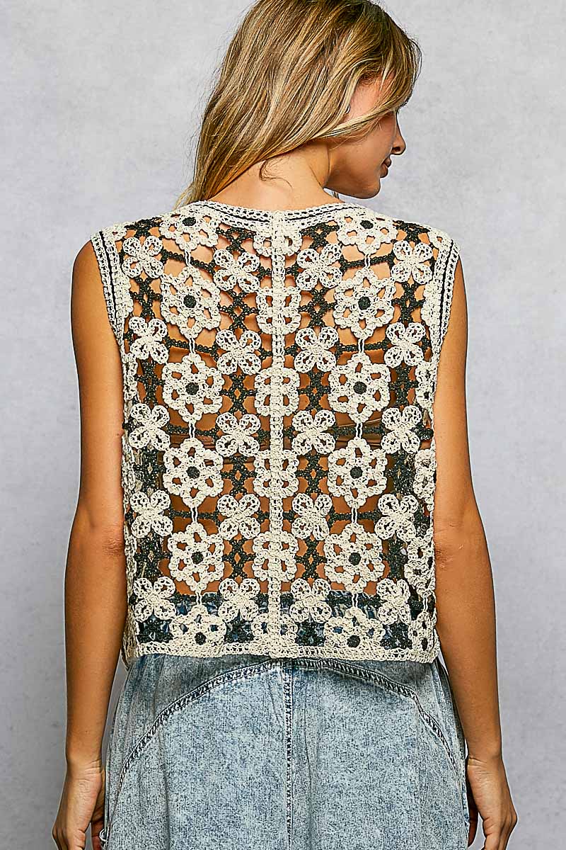 Decorative Touch Button Front V-Neck Floral Crochet Vest Top