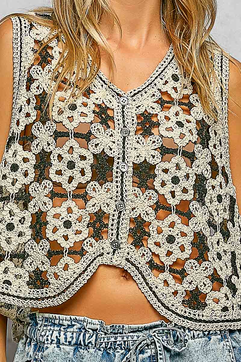 Decorative Touch Button Front V-Neck Floral Crochet Vest Top