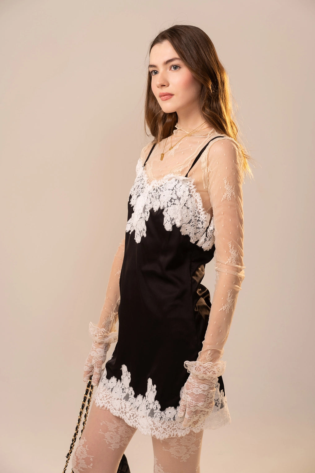 Satin Lace Trim Mini Dress - Black