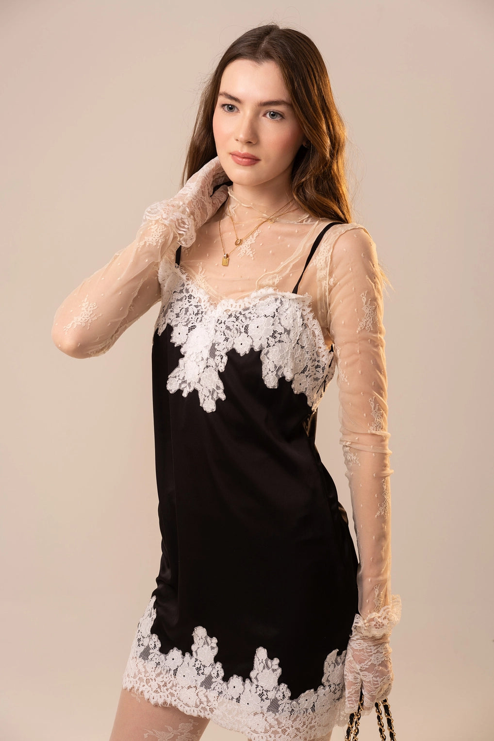 Satin Lace Trim Mini Dress - Black