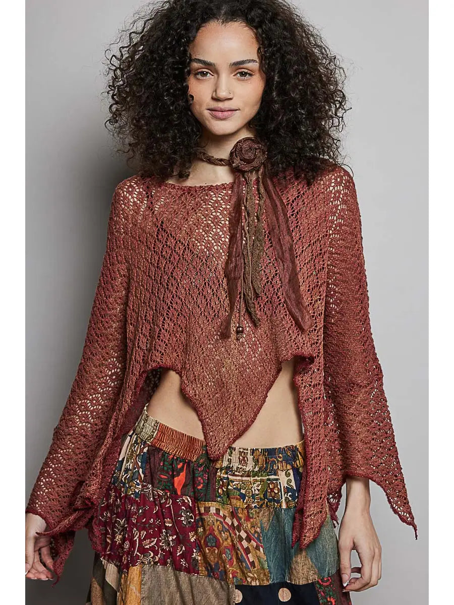 Raw Edge Solid Knit Top - Brick