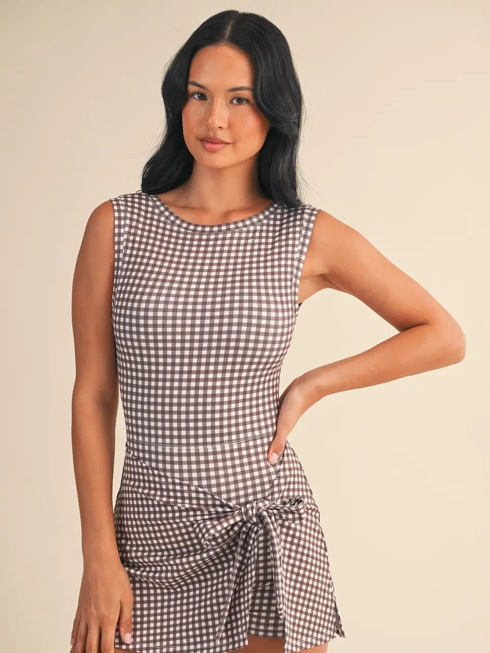 Gingham Print Sleeveless Wrap Tie Front Dress