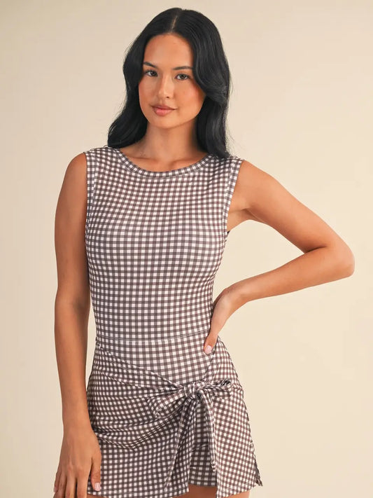 Gingham Print Sleeveless Wrap Tie Front Dress