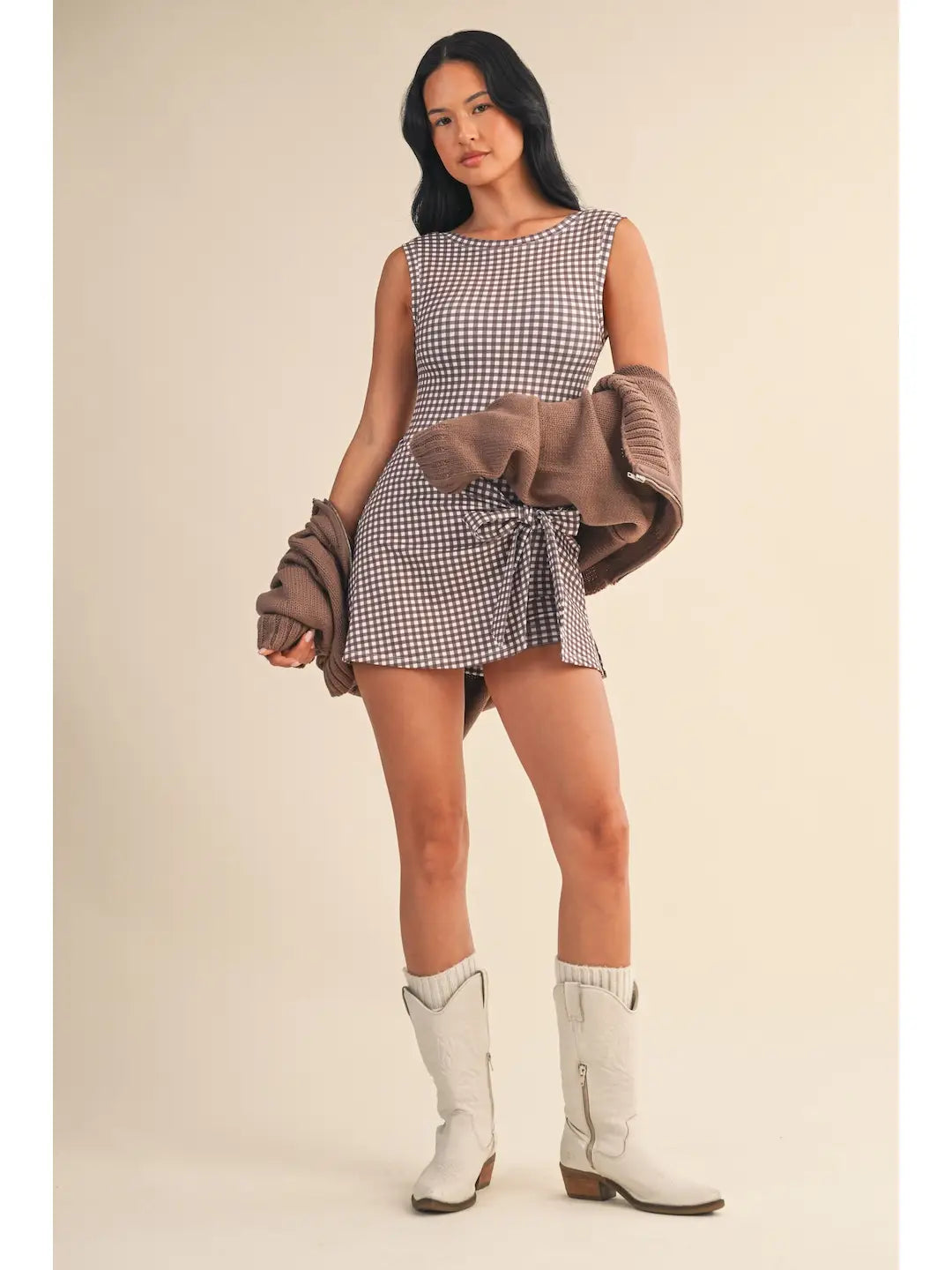 Gingham Print Sleeveless Wrap Tie Front Dress