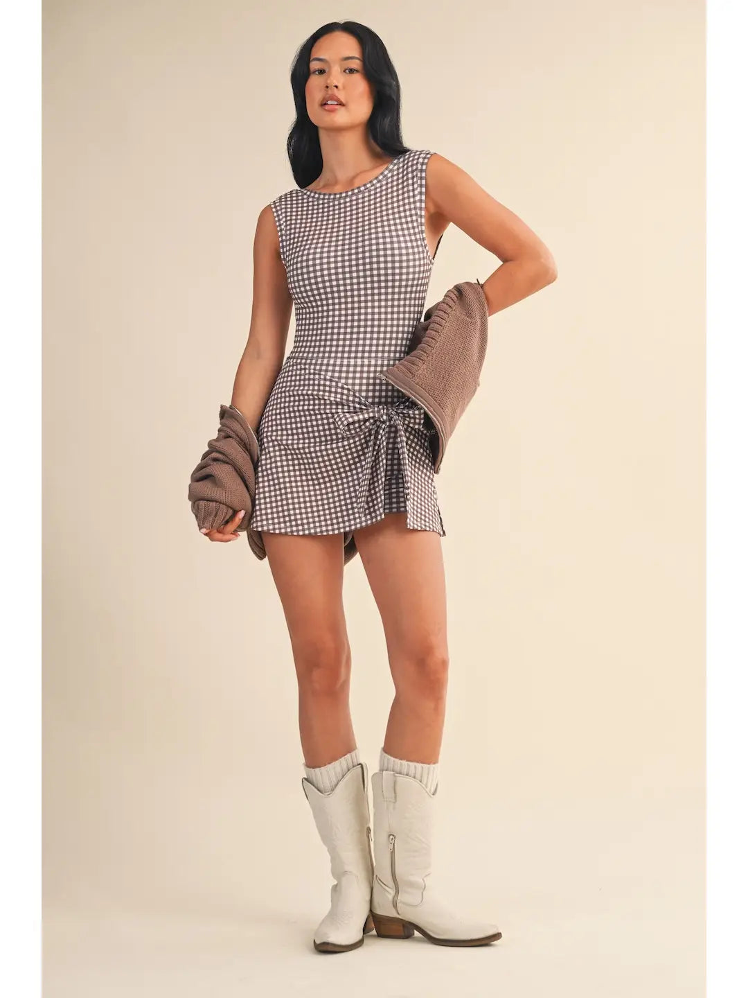 Gingham Print Sleeveless Wrap Tie Front Dress