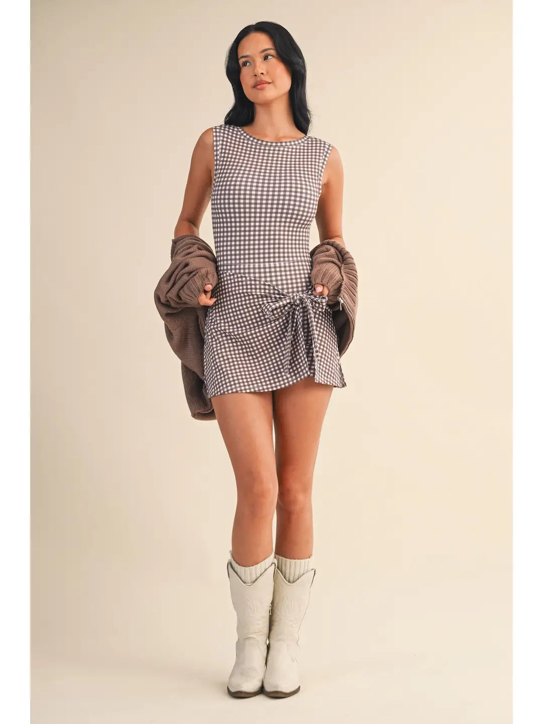 Gingham Print Sleeveless Wrap Tie Front Dress