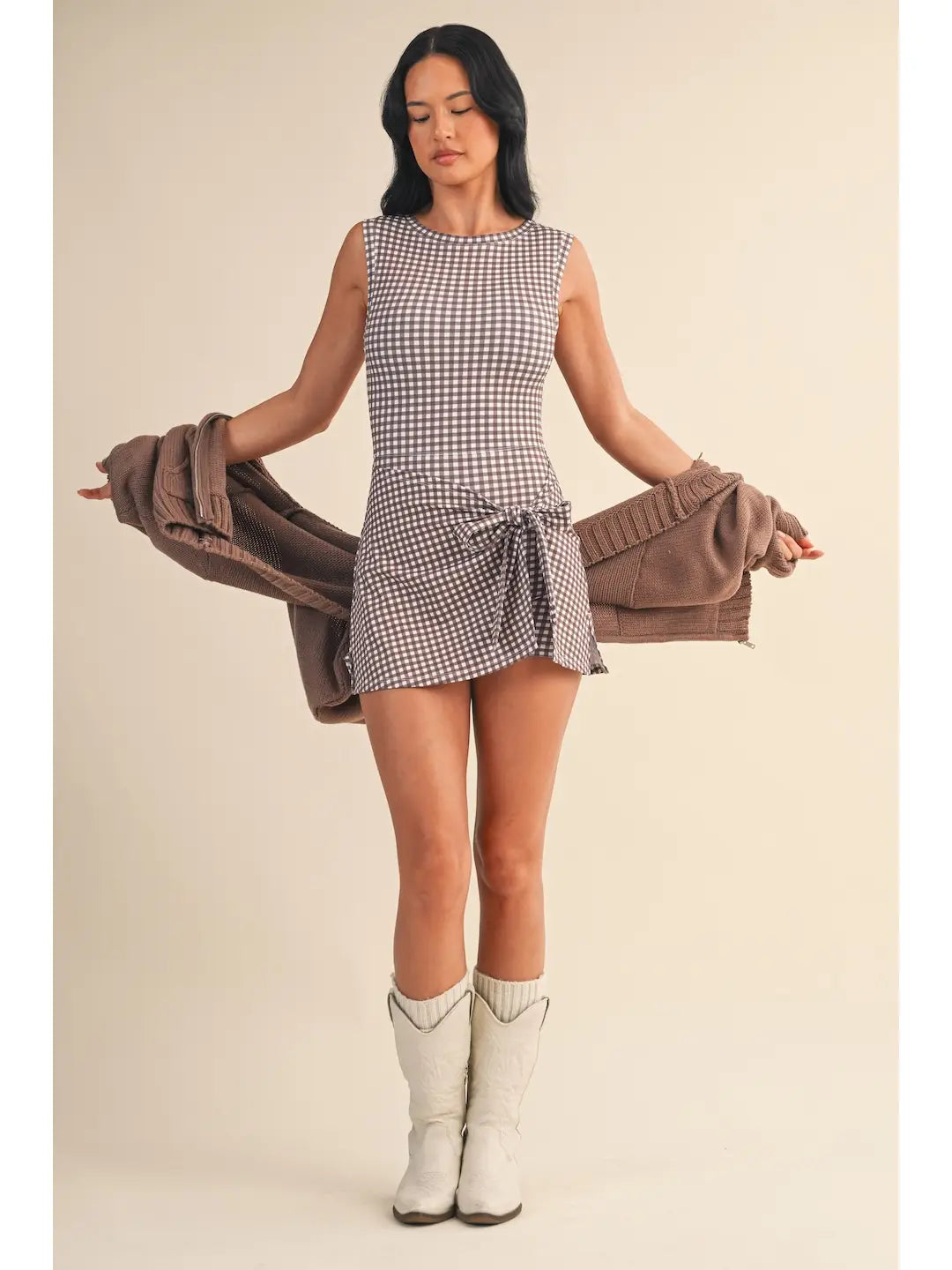 Gingham Print Sleeveless Wrap Tie Front Dress