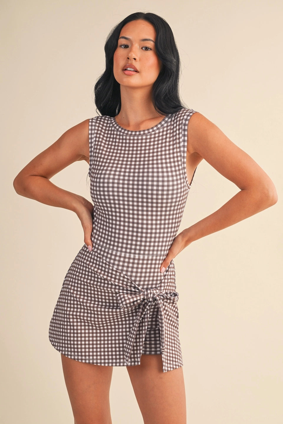 Gingham Print Sleeveless Wrap Tie Front Dress