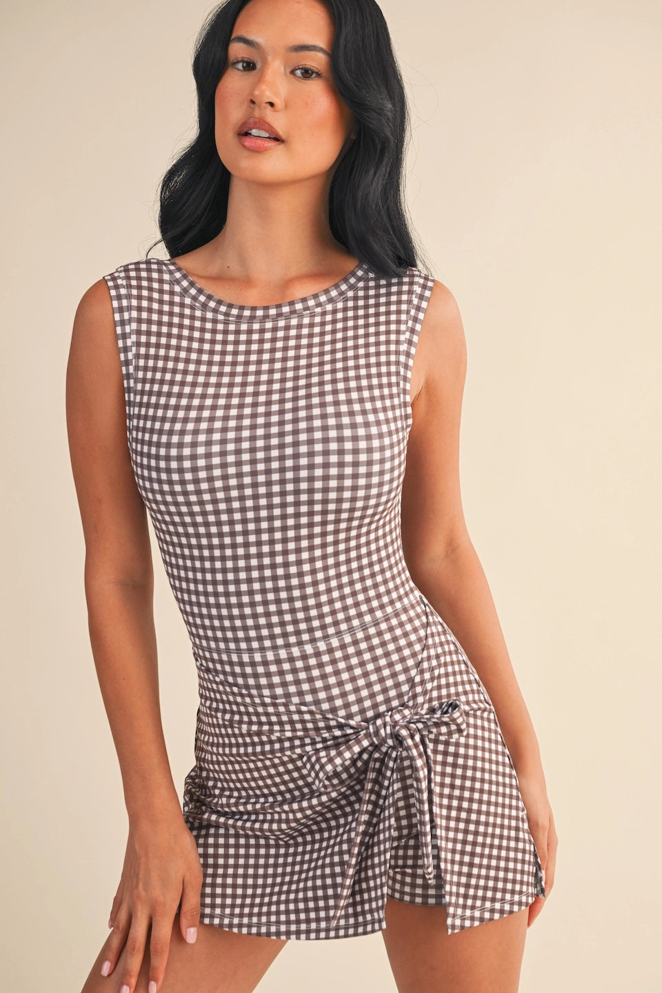 Gingham Print Sleeveless Wrap Tie Front Dress