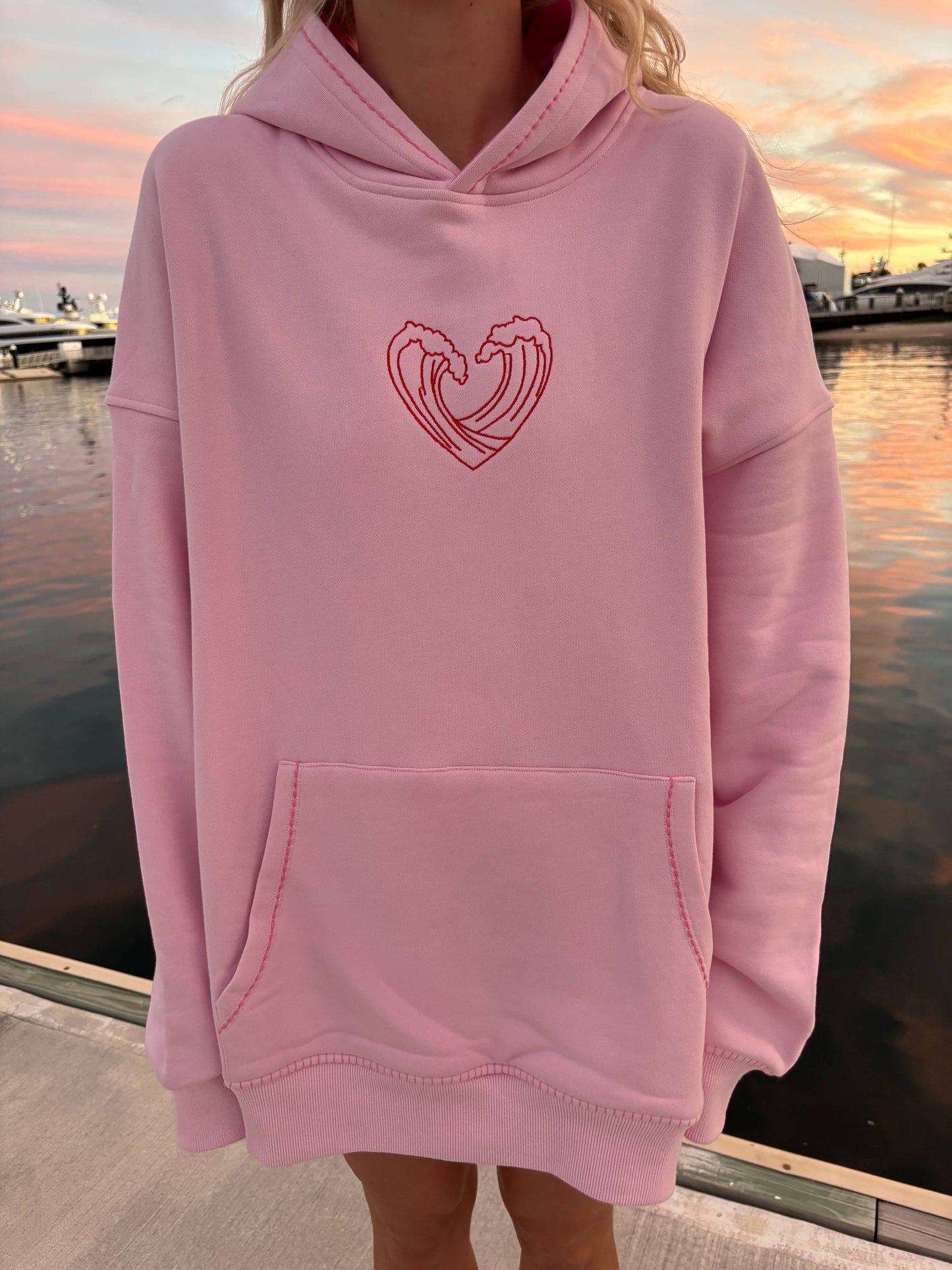 Pink Ocean Heart Stitched Hoodie - 100% Cotton