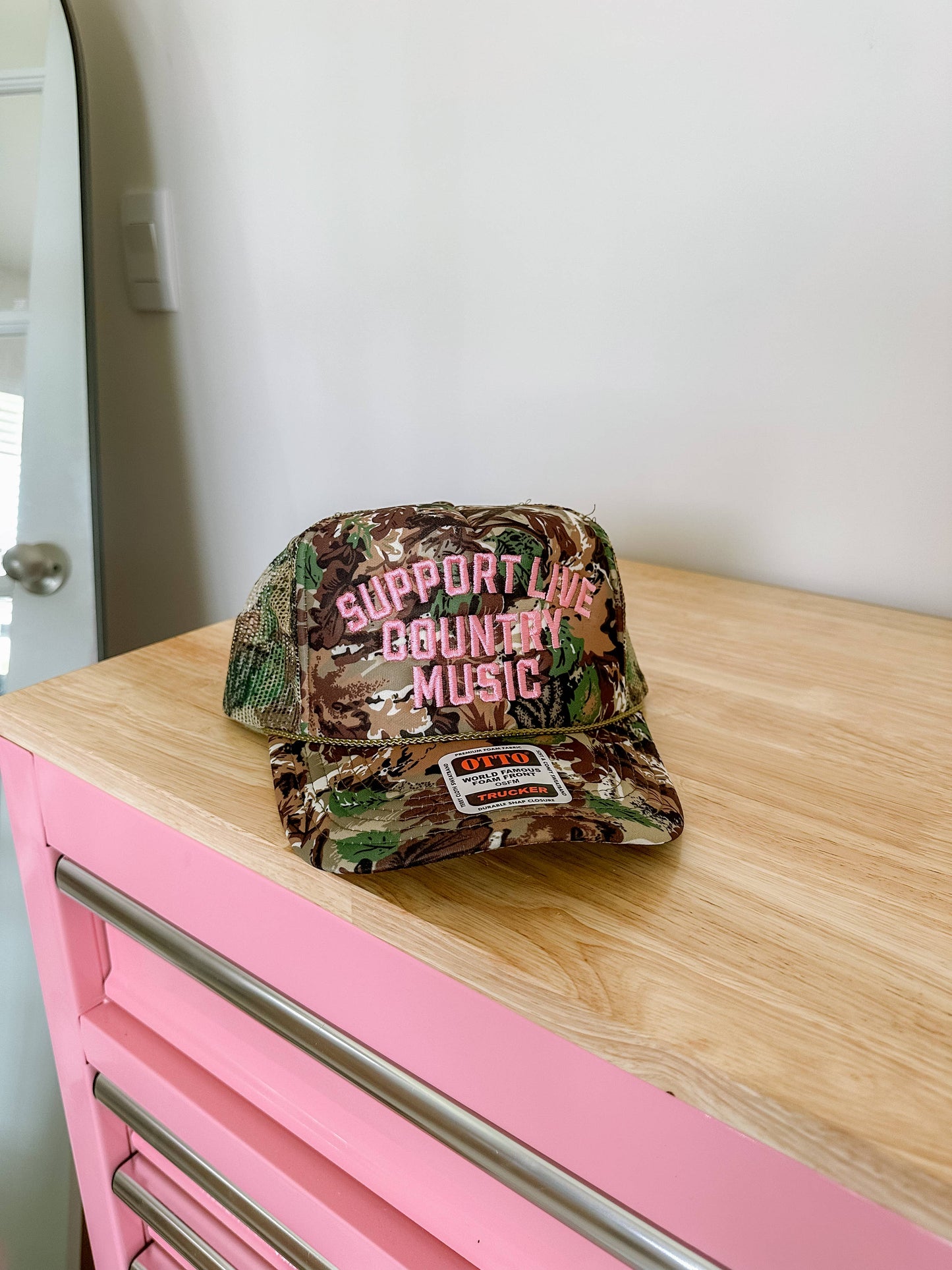Support Live Country Music Embroidered Hat - Camo/Pink