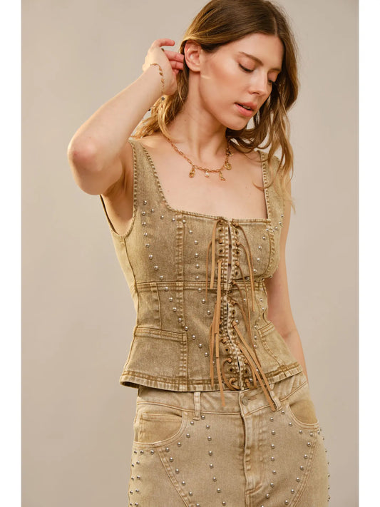 Studded Fringe Denim Vest