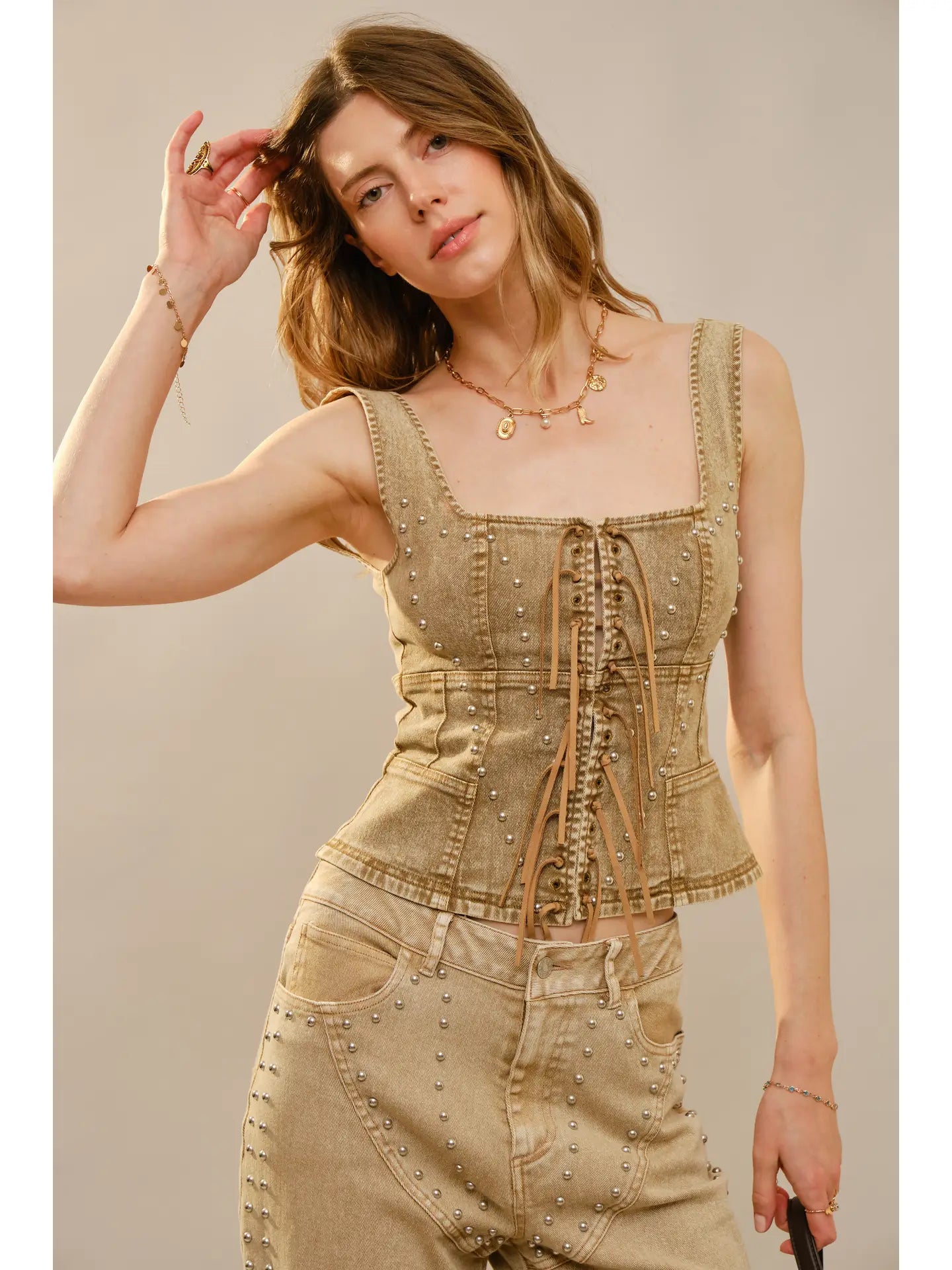 Studded Fringe Denim Vest