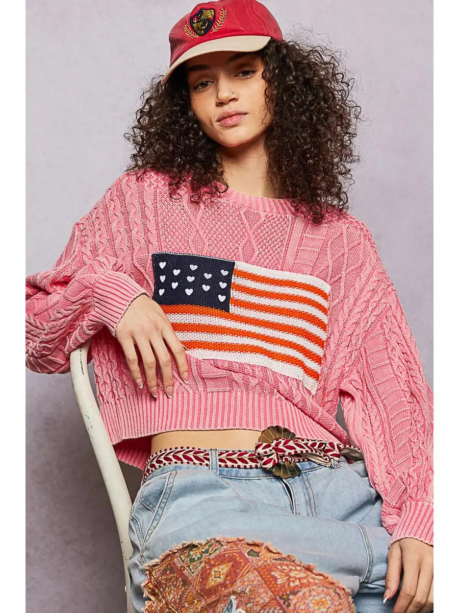 Cable Knit Flag Sweater - Pink