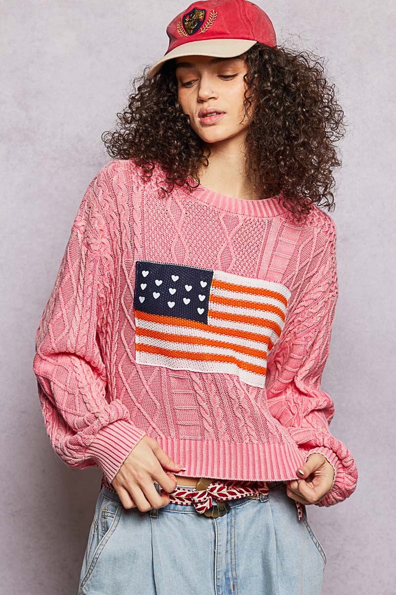 Cable Knit Flag Sweater - Pink