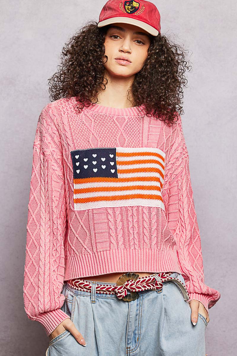 Cable Knit Flag Sweater - Pink