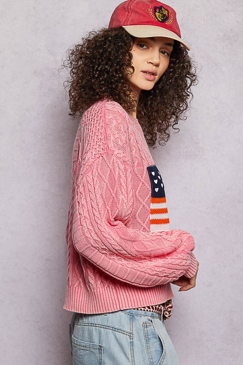 Cable Knit Flag Sweater - Pink