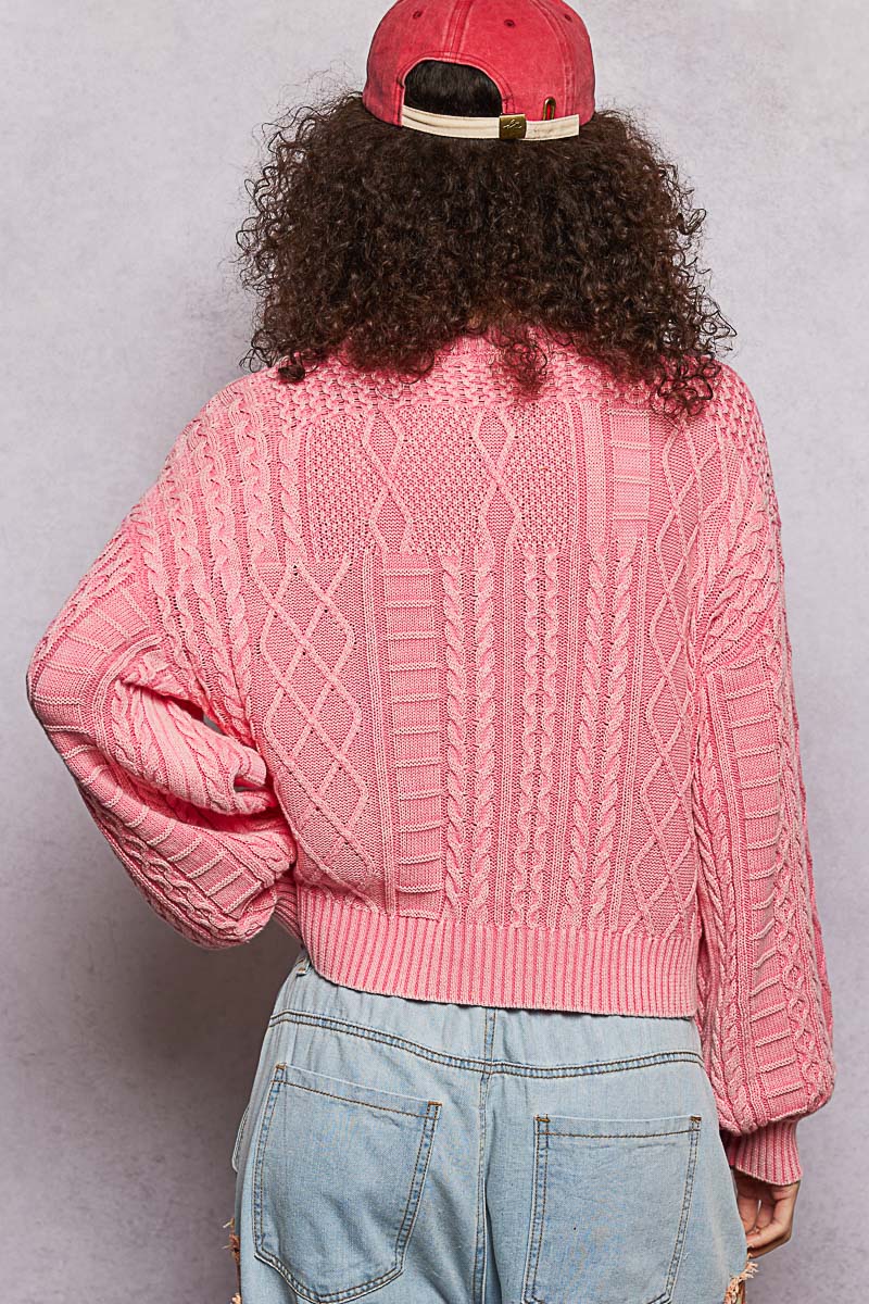 Cable Knit Flag Sweater - Pink