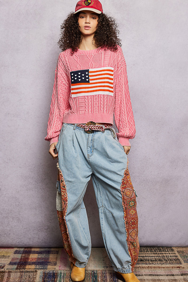 Cable Knit Flag Sweater - Pink