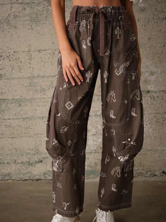 Western Print Cotton Cargo Pants