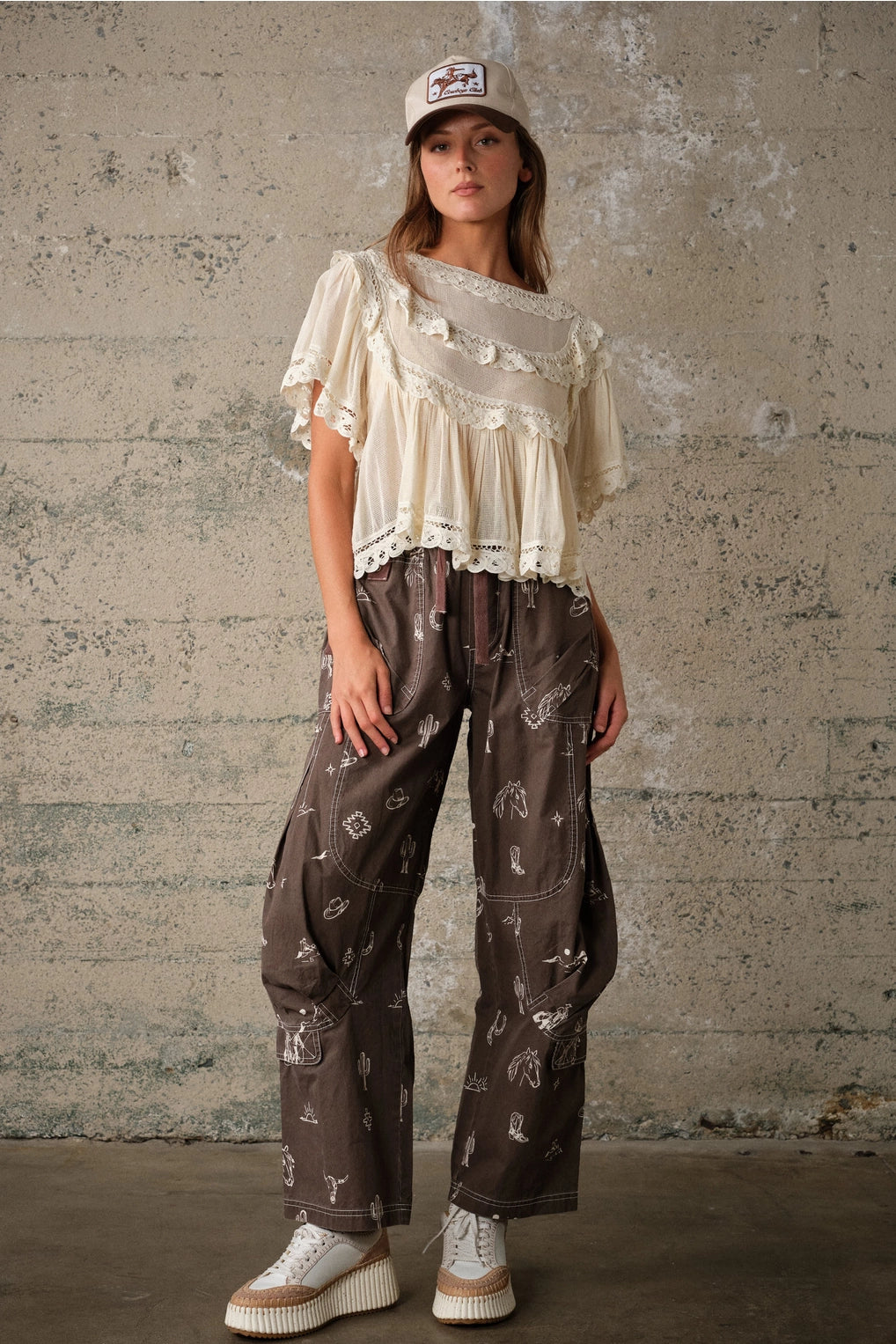 Western Print Cotton Cargo Pants