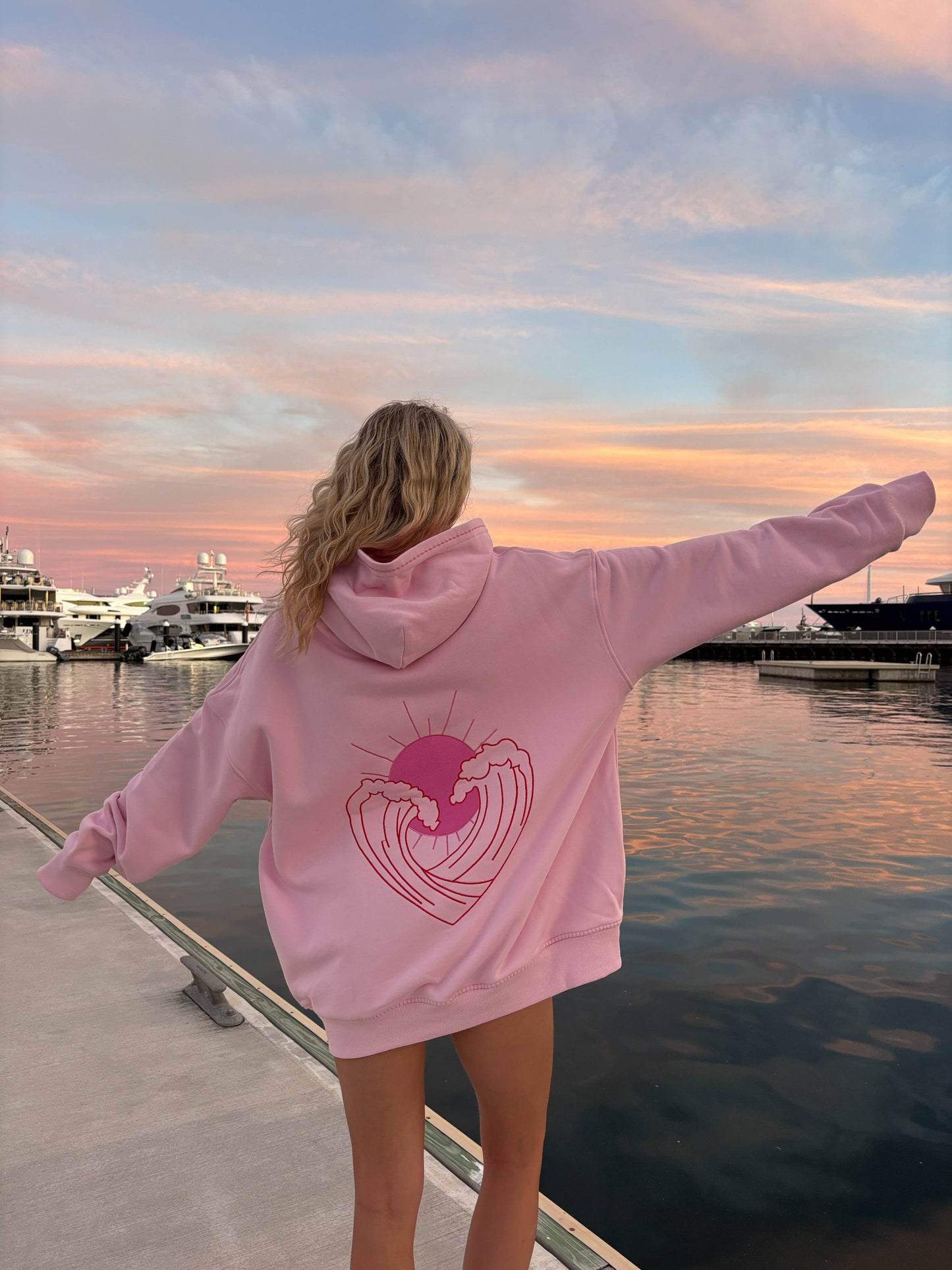 Pink Ocean Heart Stitched Hoodie - 100% Cotton