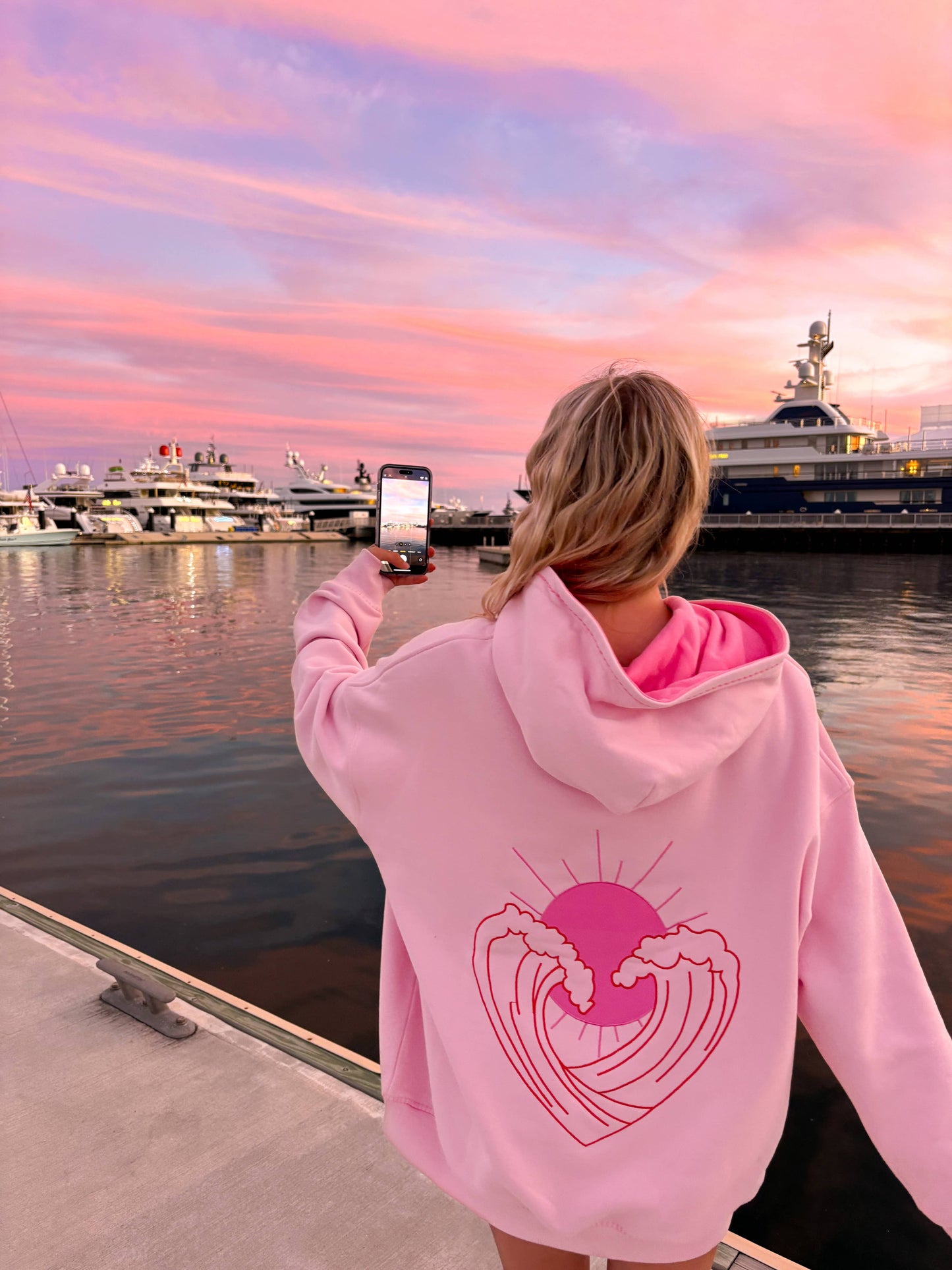 Pink Ocean Heart Stitched Hoodie - 100% Cotton