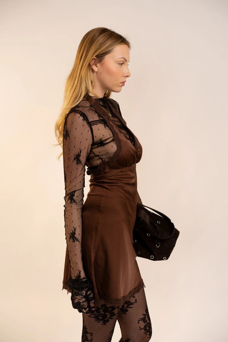 Satin Halter Mini Dress - Espresso
