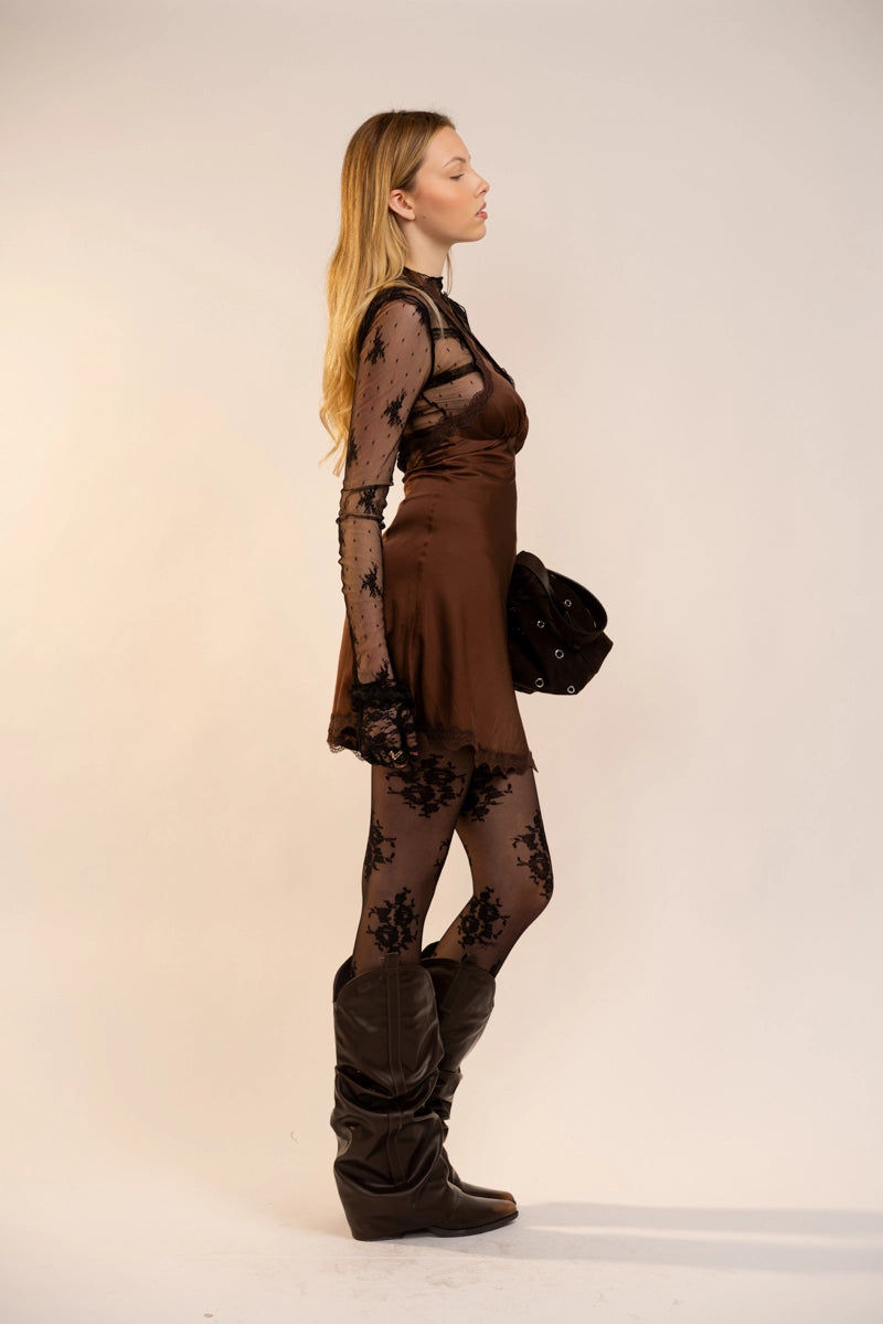 Satin Halter Mini Dress - Espresso