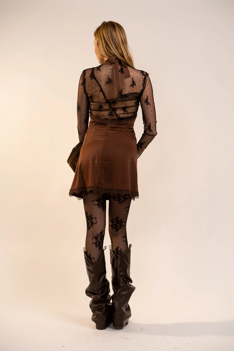 Satin Halter Mini Dress - Espresso