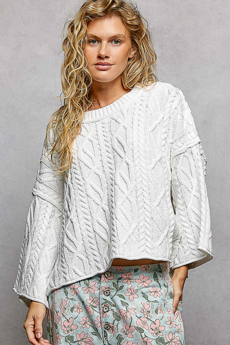 Cozy Cable Knit Cropped Pullover Sweater - Off White