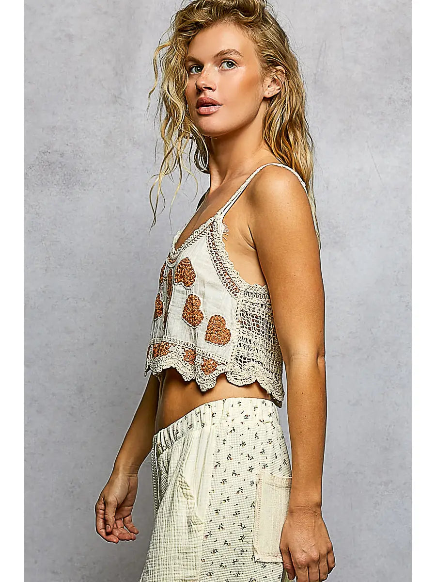 Heart-Shaped Shoulder Lace Straps Crochet Sleeveless Top