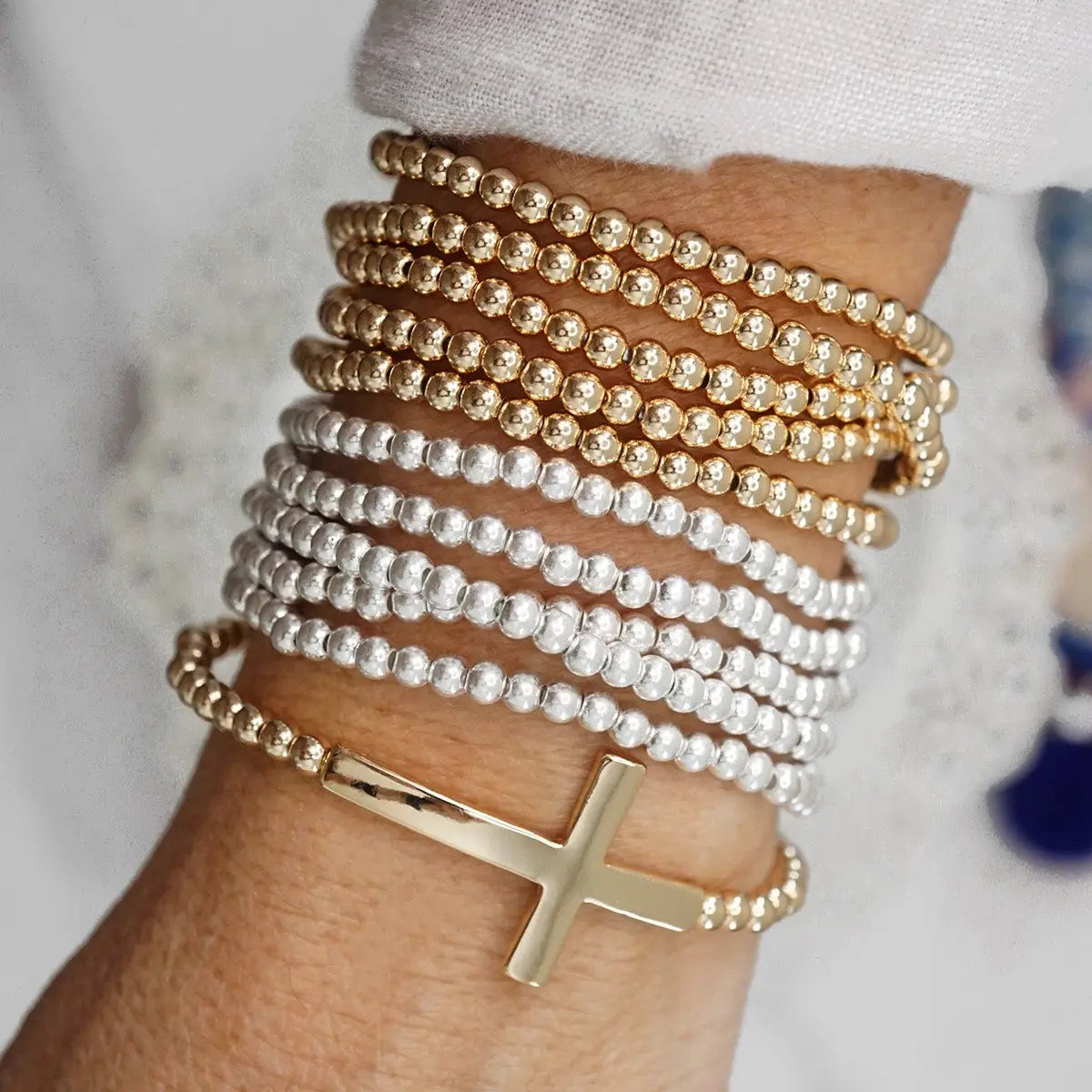 Minimal Cross Stretchy Bracelet in Gold Tone with Ball Beads