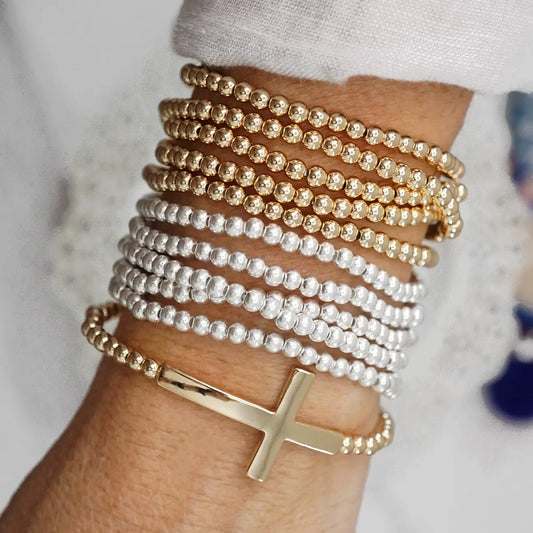 Minimal Cross Stretchy Bracelet in Gold Tone with Ball Beads