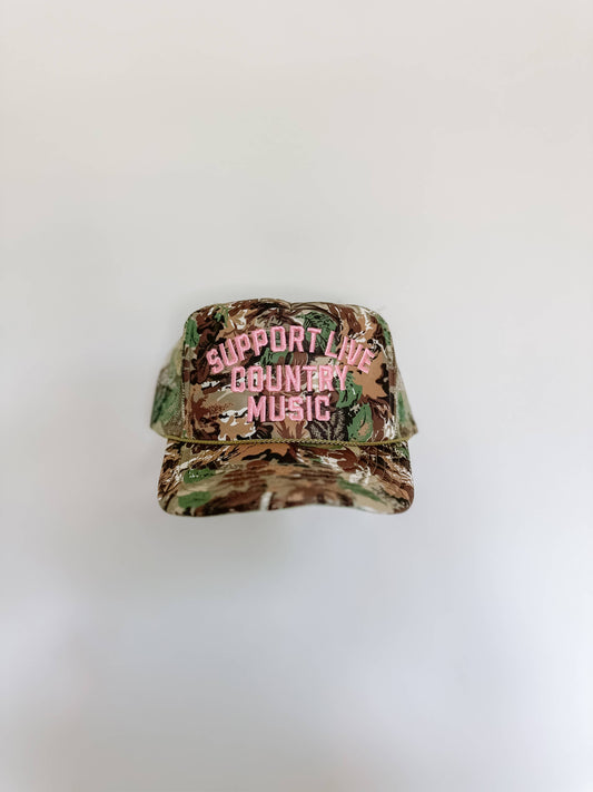 Support Live Country Music Embroidered Hat - Camo/Pink