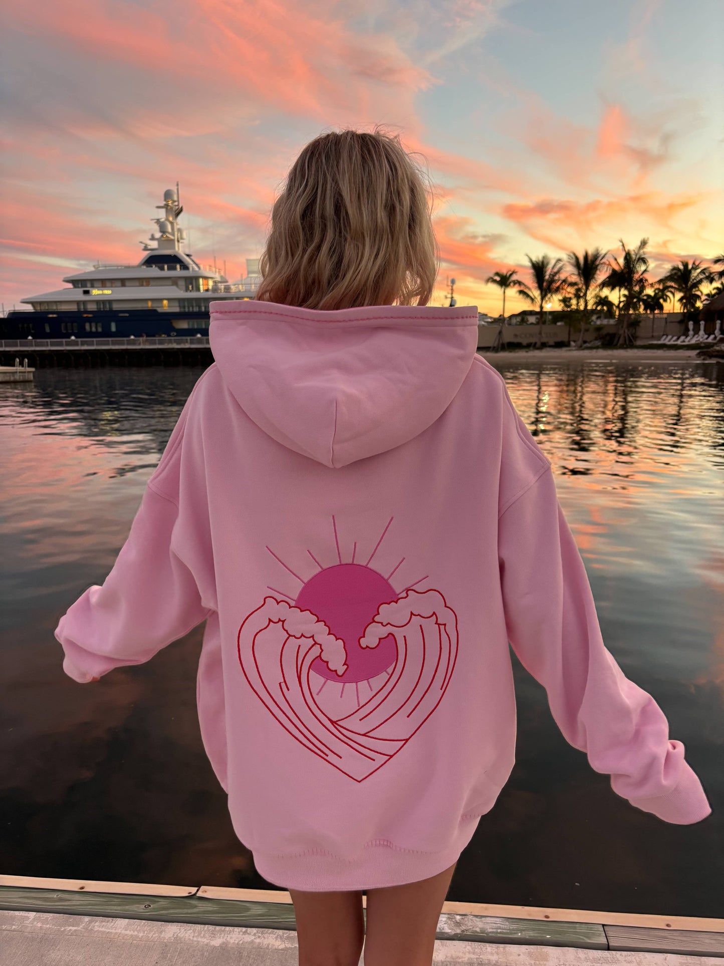 Pink Ocean Heart Stitched Hoodie - 100% Cotton