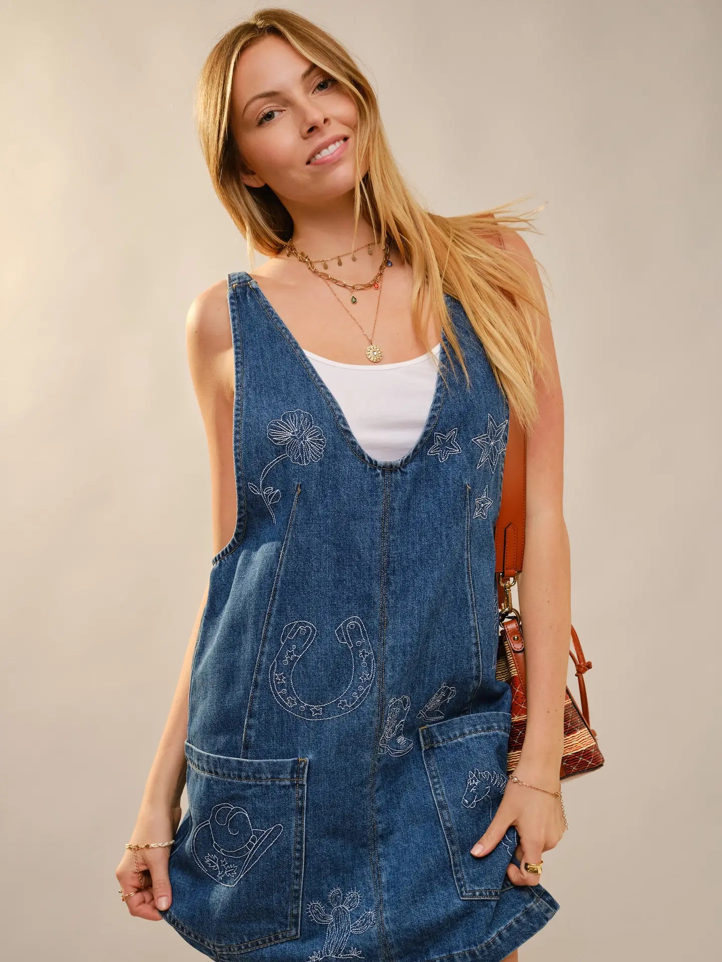 Western Embroidered Denim Dress - Dark Wash