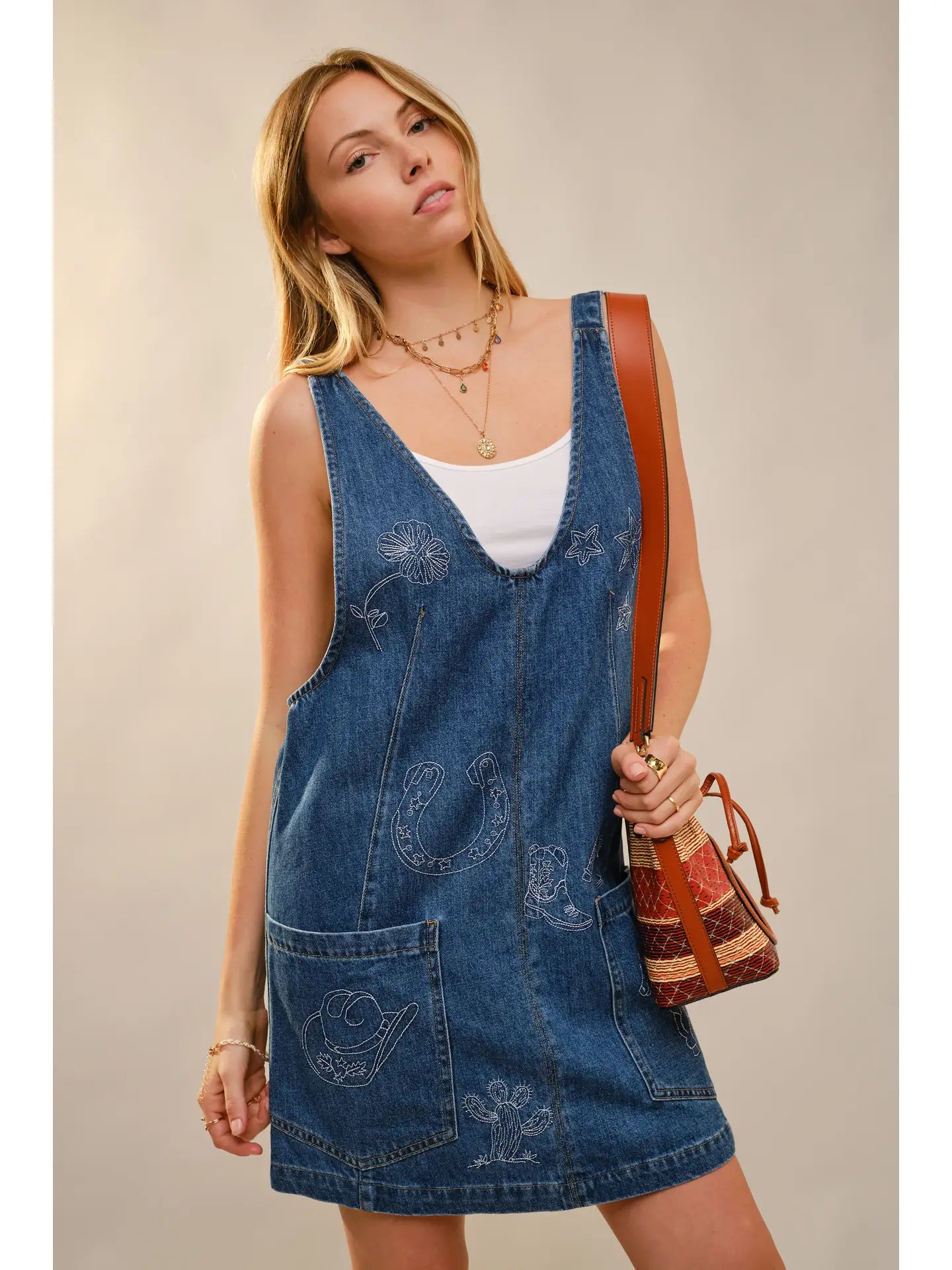 Western Embroidered Denim Dress - Dark Wash