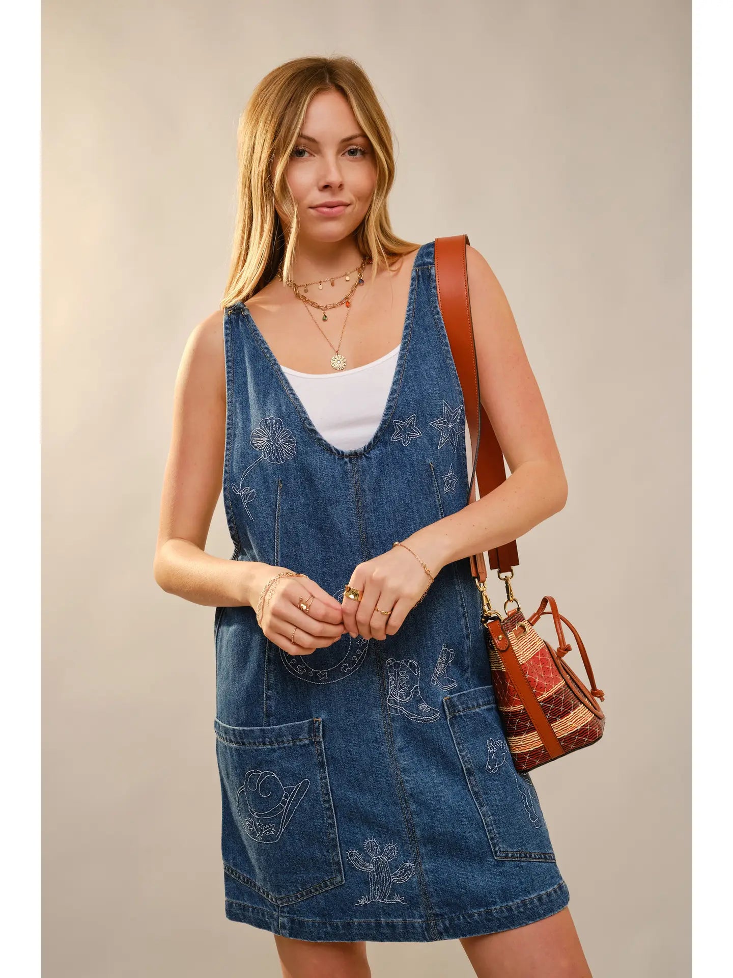 Western Embroidered Denim Dress - Dark Wash
