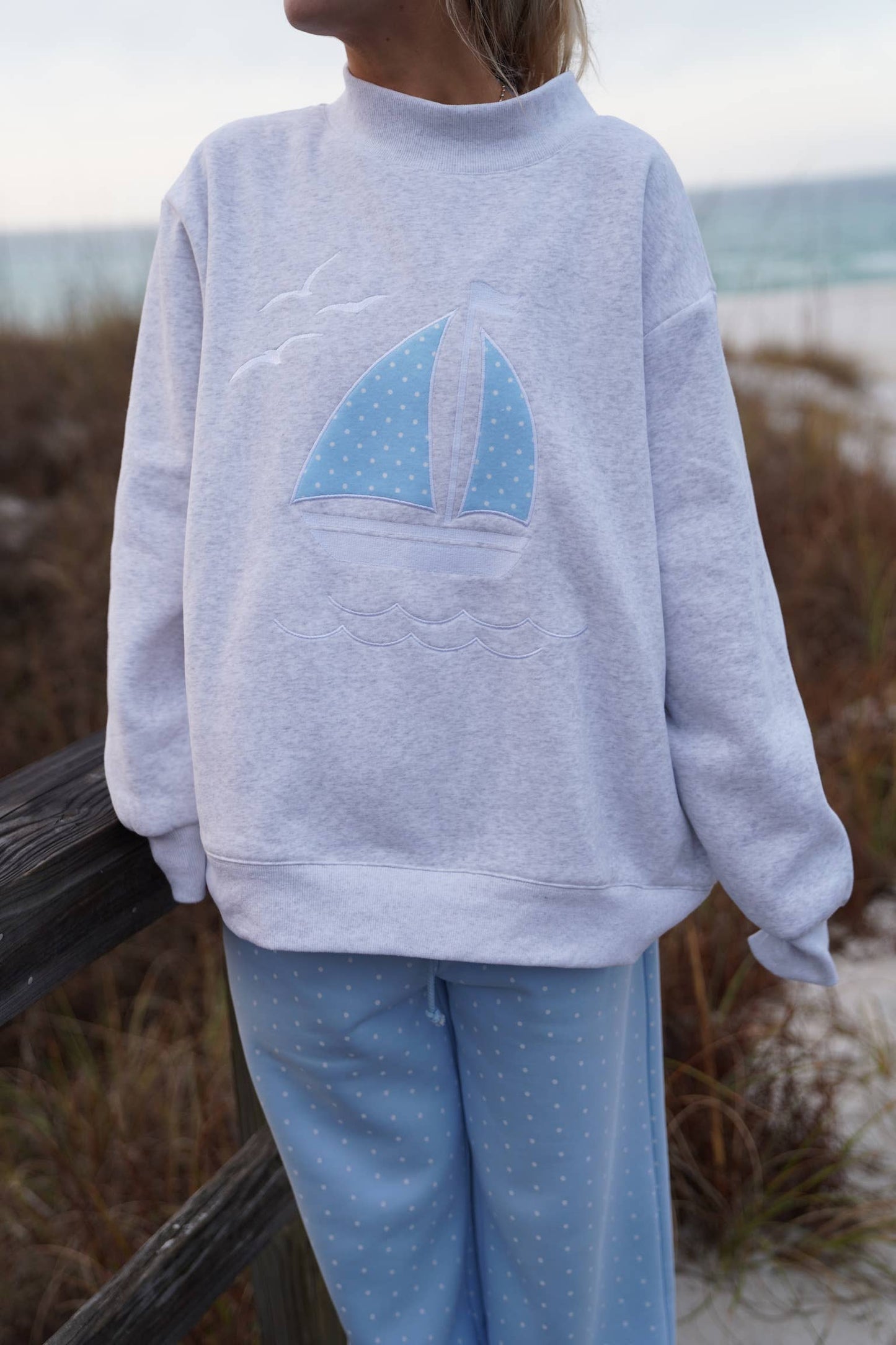Polka Dot Sailboat Embroider Mockneck