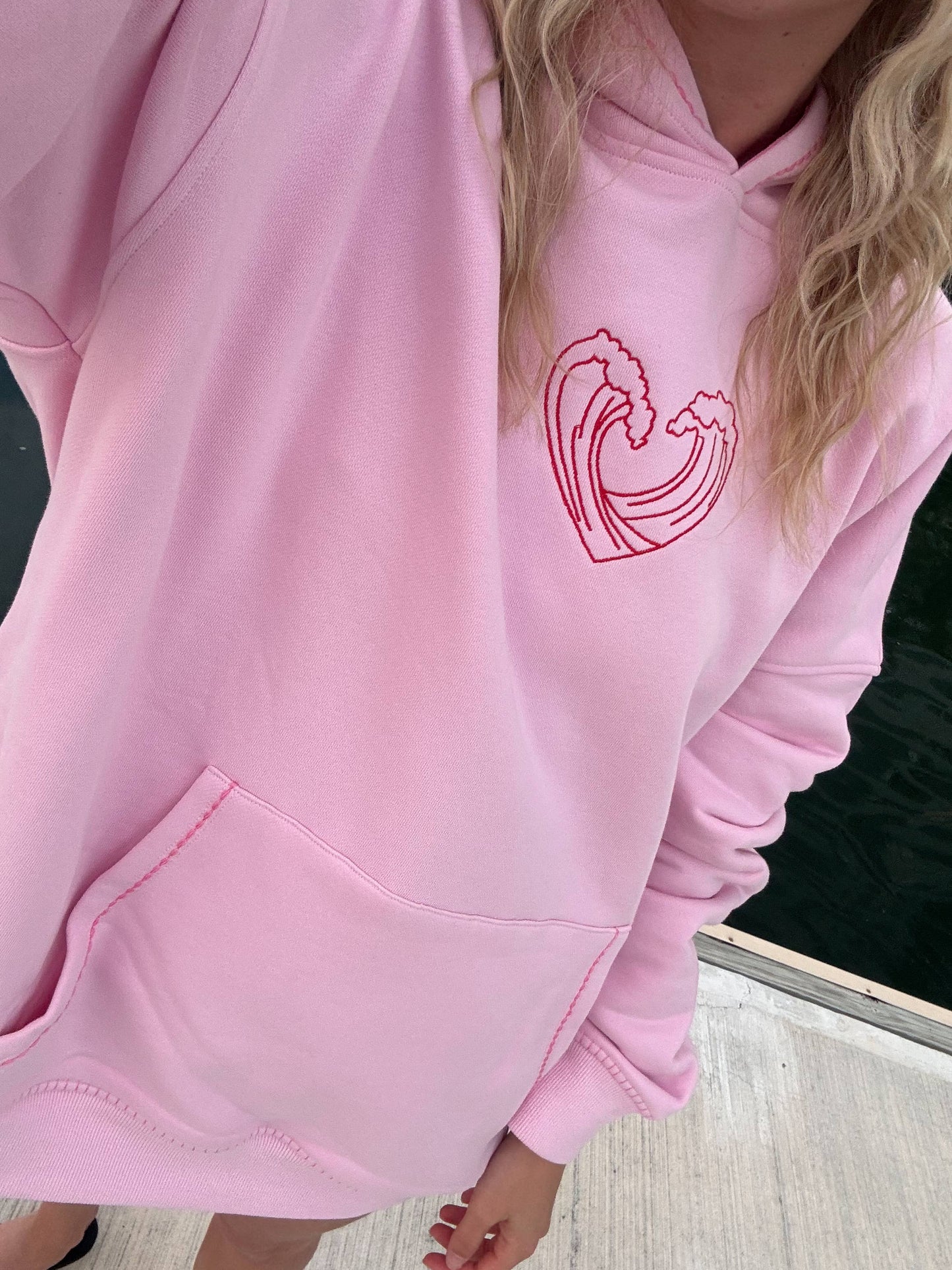 Pink Ocean Heart Stitched Hoodie - 100% Cotton