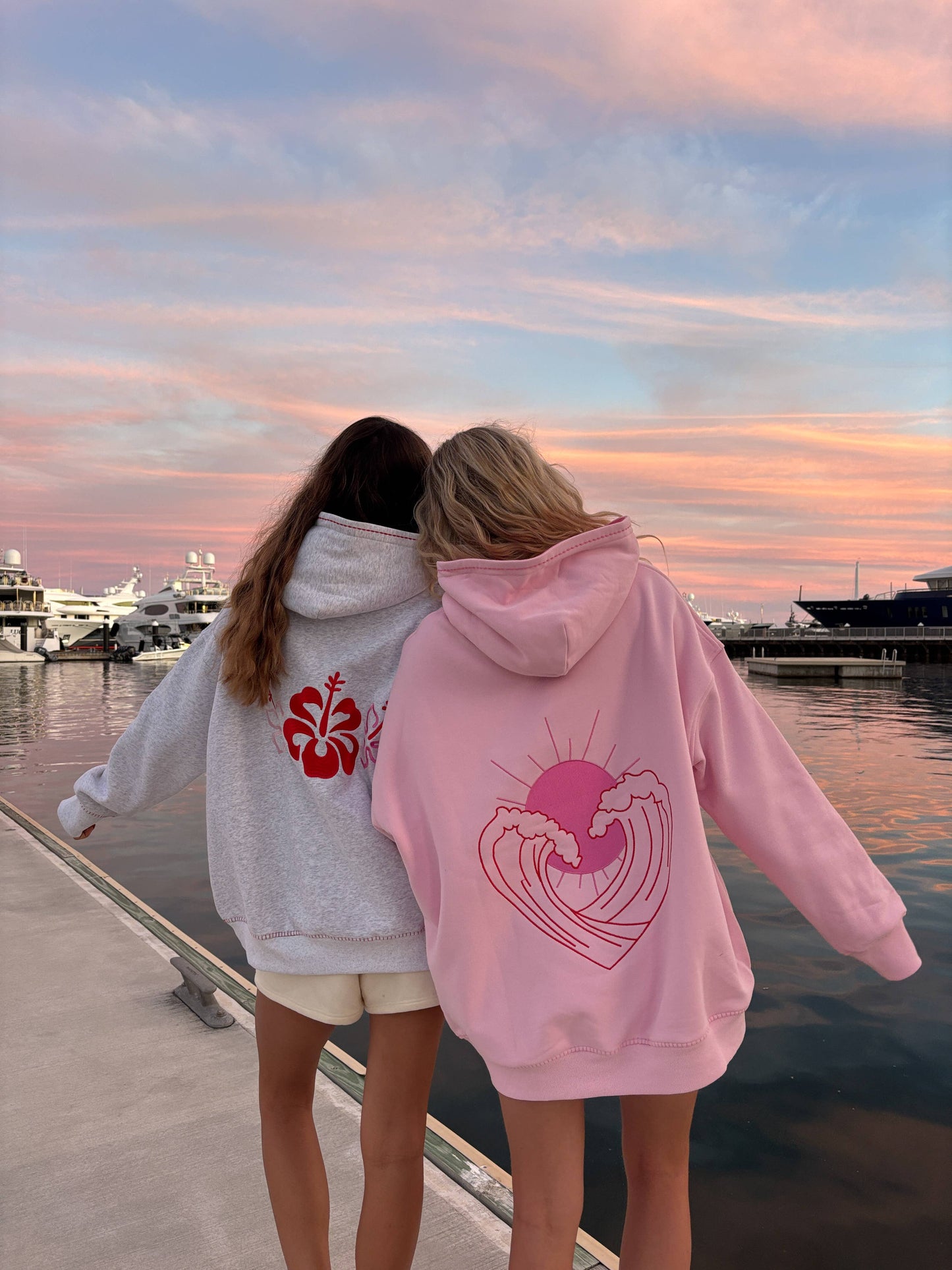 Pink Ocean Heart Stitched Hoodie - 100% Cotton